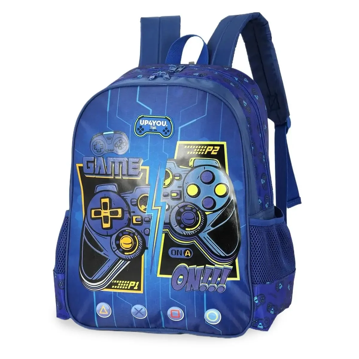 Mochila infantil azul Luxcel Up4You vista em ângulo lateral frontal com alças acolchoadas